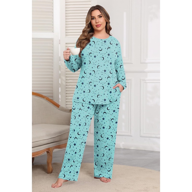 Lastshe Womens Plus Size Pajamas Set Soft Knit Long Sleeve