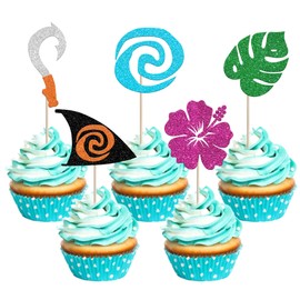30 piezas de adornos inspirados en Moana para cupcakes con purpurina, hojas de palma, moana, decoraciones hawaianas para fiestas de cumpleaños para fiestas de cumpleaños tropicales para baby shower