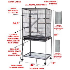 64" Extra Large Wrought Iron Tight 1/2-Inch Bar Spacing 4-Levels Ferret Chinchilla Sugar Glider Rats Metal Chew-Free Cage Easy to Clean Pull Out Tray with Removable Rolling Stand