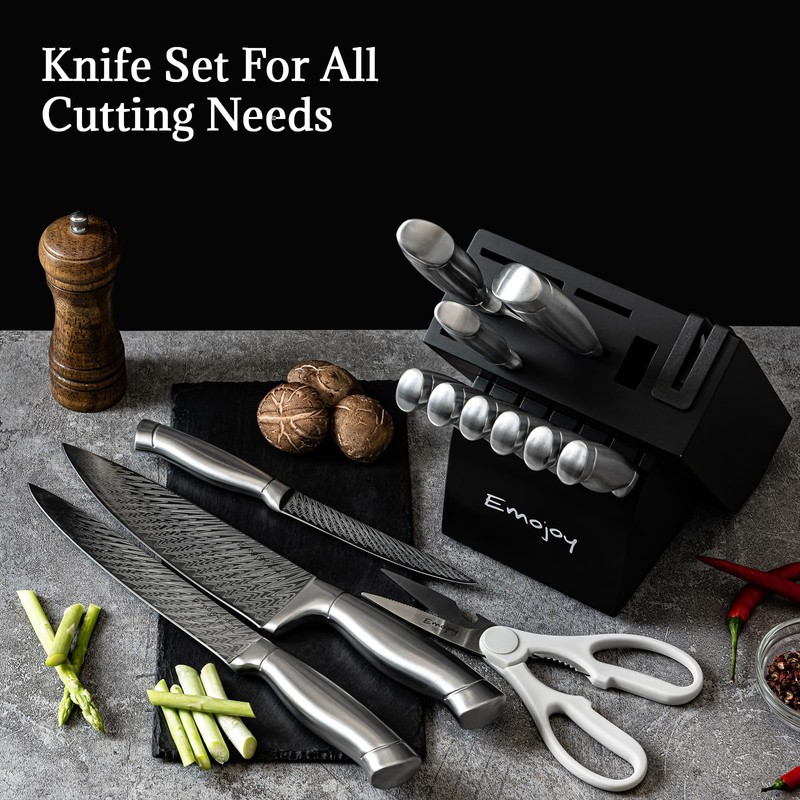 Knife Set, Emojoy 15-Pcs Kitchen Knife Set with Block and