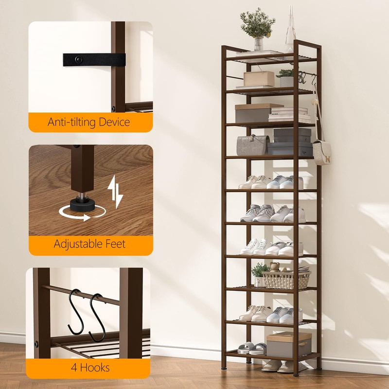 usikey 10 Tiers Narrow Shoe Rack 20-30 Pairs, Sturdy Metal