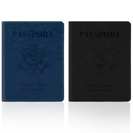 2 Pack Passport Holder for Travel, Passport Cover for Men, Leather Passport Holder Book Cover Case Bag Wallet Travel Document Holder Cruise Ship Study Abroad Essentials Must Haves(Black+Dark-Blue)