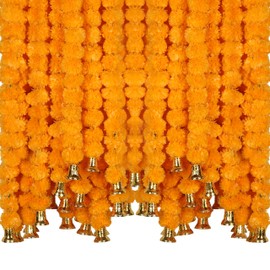 Marubhumi 5 PC 4.5 Feet Long Strands Artificial Marigold Flowers with Bell Garland for Diwali Decor, Garland for Decoration, Diwali Decorations for Home, Christmas Decor Wedding Decor (Yellow)