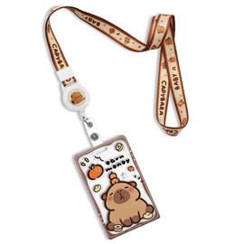 Capybara Orange Card Holder with Brown Edge Extendable Lanyard, Cute Animal ID Badge Holder for Work, School, College, NFC Compatible, Durable Plastic Card Sleeve with Adjustable Strap