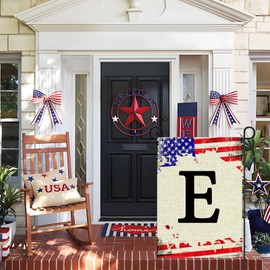 Monogram Letter E Garden Flags, 4th of July Patriotic Memorial Day Garden Flag Decorations 12x18 Inch Double Sided Family Last Name Initial Yard Flag Garden Flags for Outside Yard Patio Decor