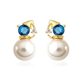 Pearl Stud Earrings for Women 18K Gold Plated Blue Zirconia Stud Earrings with Simulated Pearl Snowman Sweet Elegant Jewelry Gift, Soft Post