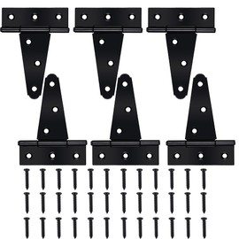 Auxdee 6 Pack 4 Inch T-Strap Shed Door Hinges Heavy Duty, Barn Door Gate Hinges with Screws, Tee Hinges for Wooden Fences, Yard, Patio Door, Black Wrought Hardware Iron Rustproof