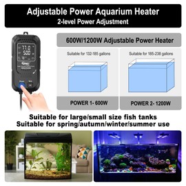 hygger Aquarium Heater Adjustable Power 600W/1200W, Fish Tank Heater with Led Digital Display Controller, Dual Quartz Glass for 500-900L Freshwater Saltwater Tank