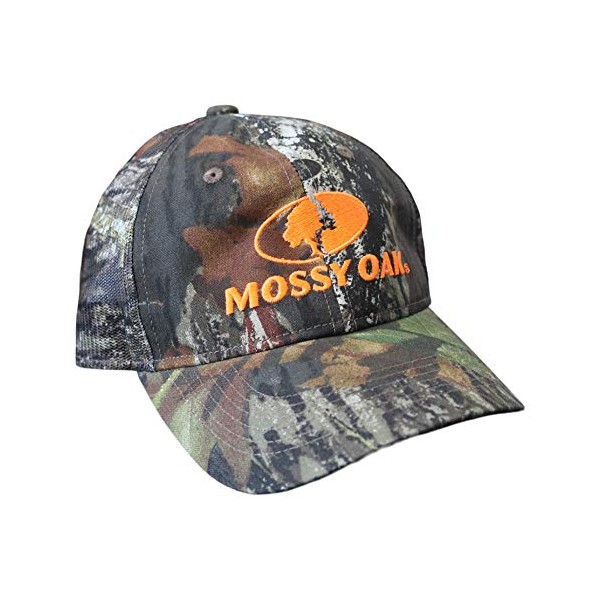 Mossy Oak BU Blaze Orange Logo Camo MESH Trucker Hat Cap with Snapback Wicking Sweatband Precurved Visor (Break Up)