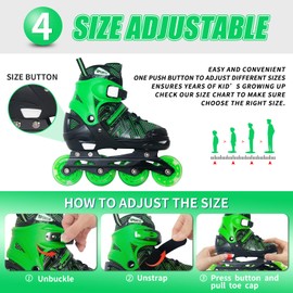 Nattork Adjustable Inline Skates for Tollder Boys with Light up Wheels - Green Little Kids Blade Roller Skating for Beginners Size 10C 11C 12C Ages 3 4 5 6