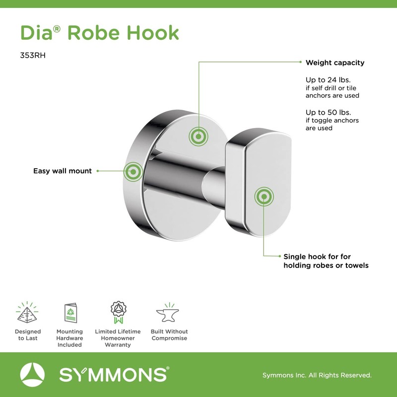 Symmons 353RH Dia Wall-Mounted Robe Hook in Polished Chrome