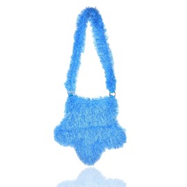 GRUMOTA Fuzzy Plush Bag for Women,Furry Faux Fur Star Shape Crossbody Shoulder Purse,Soft Fluffy Autumn Winter Tote Handbag(Blue)