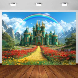 Emerald Castle Backdrop 10 x 8 ft, Green Castle Runner Yellow Brick Road Background Spring Fairy Castle Rainbow Backdrop Party Decorations Photo Props Banner