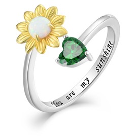 YL Sunflower Heart Open Rings Women 925 Sterling Silver White Opal Birthstone Statement Ring You Are My Sunshine Ring Promise Eternity bands, 7, Sterling Silver, Created Emerald