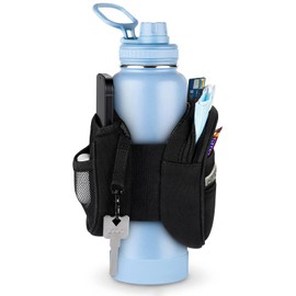 SITHON Gym Water Bottle Pouch Caddy, Non-Slip Water Bottle Sleeve Bag for Gym with Double Side Pockets Holder for Phone Key, Secure Zipper Storage Pocket for AirPods Cards and Small Items, Black