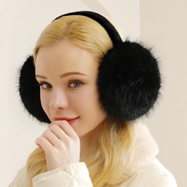 Women's Cute Faux Fur Winter Earmuffs - Foldable Ear Warmers for Women and Girls, Outdoor Ear Warmers For Women Girls（Black）