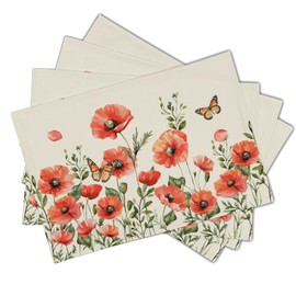 Spring Floral Placemats Set of 4 Farmhouse Table Decor Green Leaf Butterfly Place Mats 12 x 18 Inch Waterproof Spring/Summer Flowers Heat Resistant Linen Seasonal Table Mats for Home Kitchen Dining