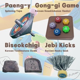 PSKTYTY Gonggi Korean Traditional Folk Game Play Set - Jebi chagi, Gong-gi, Biseokchigi, Paeng-y, DDAKJI, Family Travel Games