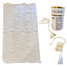 eMart4U Muslim Prayer Seccade Gift Set with Tasbih Prayer Beads + Mini Quran Car Decoration Accessory, Seccade Set for Prayers at Travelling, Holidays, Souvenir Gift Set for Muslims (White)