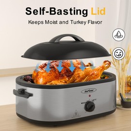 SUNVIVIPRO Roaster Oven, Electric Roaster Oven with Viewing Lid, Large Roaster with Removable Pan & Rack, Turkey Roaster with Unique Defrost/Warm Function, Stainless Steel, Sliver, 20QT