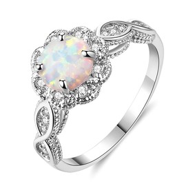 CiNily White Opal Rings for Women-White Gold Plated Engagement Anniversary Ring Gemstone Opal Jewelry Gift Size 10