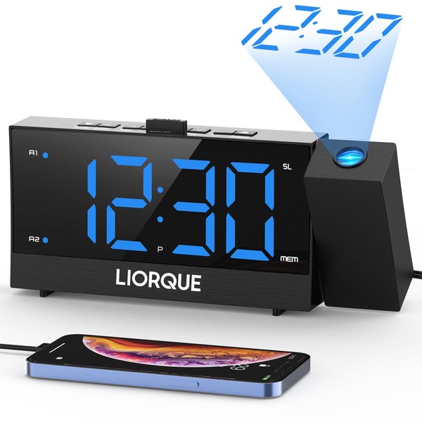 LIORQUE Projection Alarm Clock Projection Clock Digital Alarm Clock with Projection 180°, Radio Alarm Clock with Snooze, Double Alarm Clock, Charging Function, Temperature and 0-100% Brightness