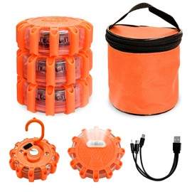 SHMZK 3 PCS LED Road Flares, Flashing Warning Light Emergency Disc Beacon with Magnetic Base & Hook, 9 Flash Modes Roadside Flare Safety Light for Most Vehicles, Car Accessories (Rechargeable)