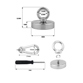 YESCUT Ultra Strong Magnet Hook with Carabiner 【1-Piece Set】 Load Capacity 253.5 lbs (115 kg), Diameter 2.36 inches (60 mm), 304 Stainless Steel, Strong Magnet, Rustproof, Removable U-Hook, For