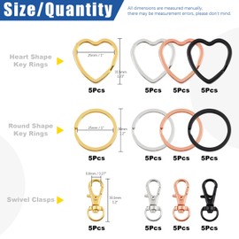 Glarks 60Pcs Flat Key Chain Ring Kit, 4 Colors Creative Heart Shape and Round Shape Keychain Split Key Rings with Swivel Clasps Lanyard Snap Hook for Car Home Keys Organization, Arts Crafts, Lanyards