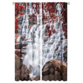 GoDazzling - Cortinas Opacas Oscurecedor de Ventanas con Cascada, Diseño de Bosque Rojo Cascada, Cortinas con Vista a la Naturaleza, para Sala de Estar, Recámara, 42 x 63 Pulgadas, 2 Paneles
