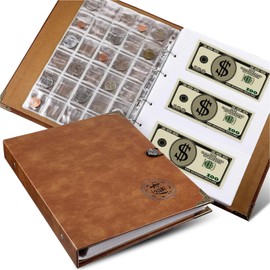 Zonon Currency Album Coin Collecting Book Holder with 150 Coin Pockets and 240 Paper Currency Pockets, PU Leather Album Collection Book Penny Storage(Brown)