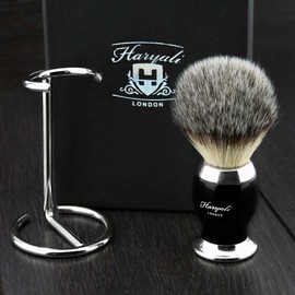 Mens Silver Tip Badger Hair Shaving Brush with Black Metal Base and Stainless Steel Brush Stand