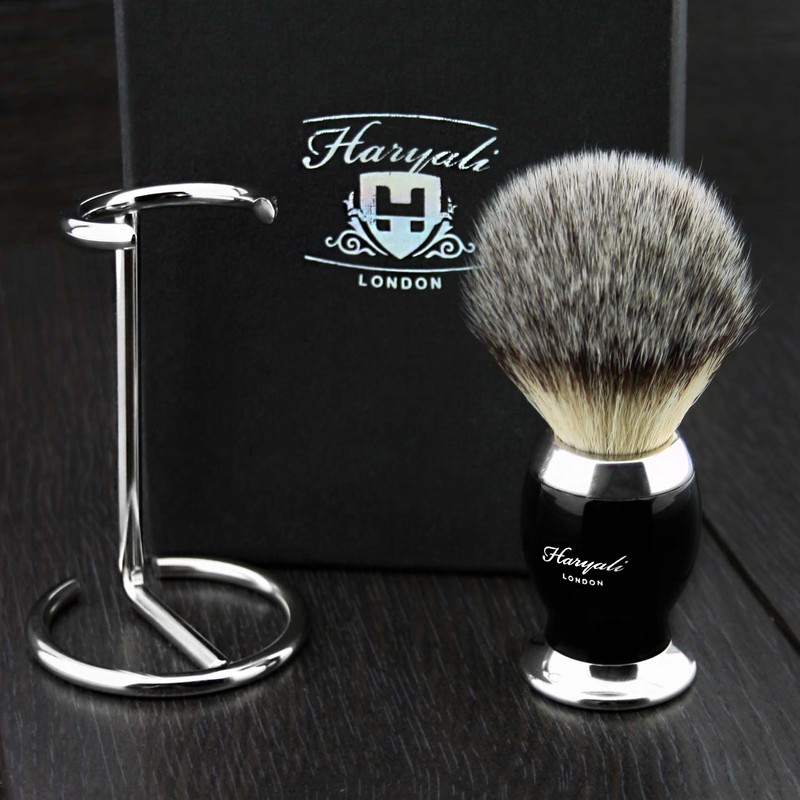 Mens Silver Tip Badger Hair Shaving Brush with Black Metal