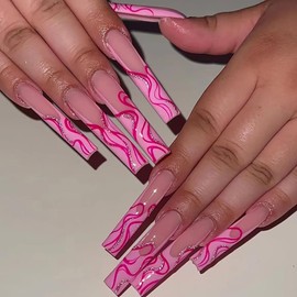 Press on Coffin Nails Long Length Glossy Full Cover Acrylic Extra Long Square False Nails with Designs Artificial Ballerina Square Fake Nails with Charm Glue ons Nails Fingernails for Women(SGCY166)