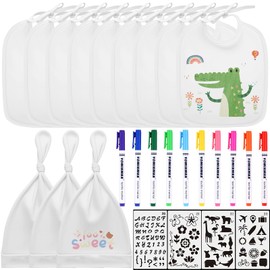 9STK Baby Lätzchen zum Bemalen(18*24cm) mit 3 Mütze Baby Lätzchen aus Baumwolle Doppelseitig Sabberlätzchen Wasserdicht ölbeständig mit 10 Farbigem Textilstift 4 Malen Schablonen für Babyshower Party