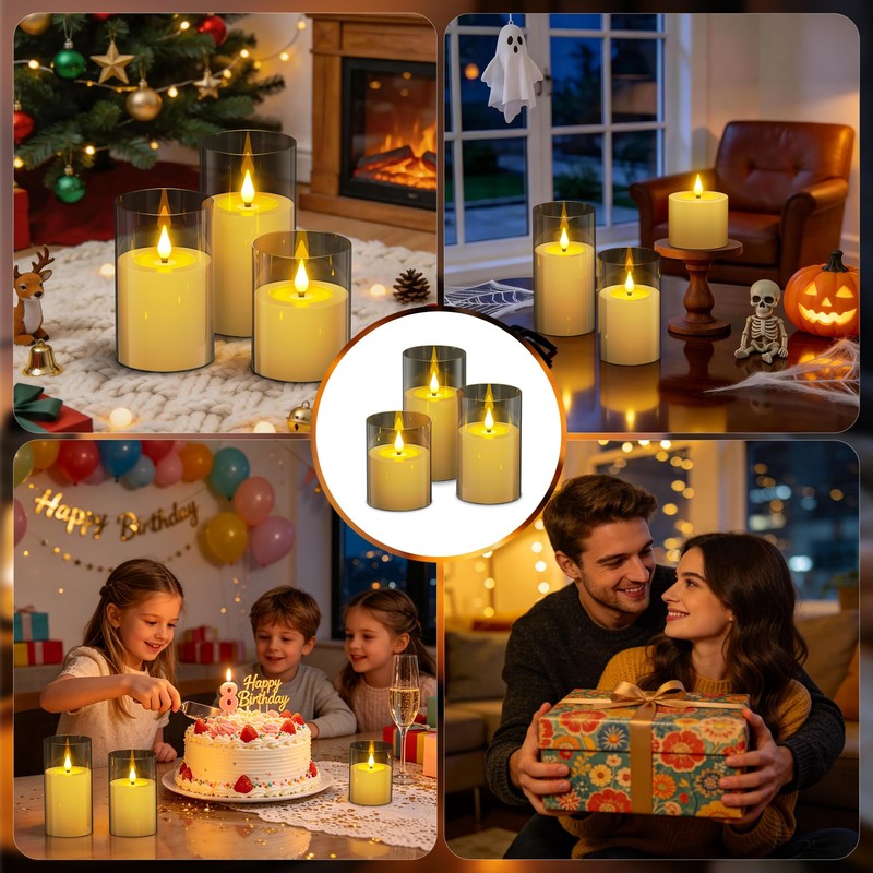 PChero Rechargeable Flameless Pillar Candles with Magnetic Base, 3 Pack