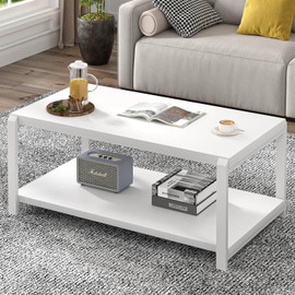 EXCEFUR White Coffee Table with Storage, Modern Center Table for Living Room, Rustic Wood and Metal Cocktail Tables, White Oak