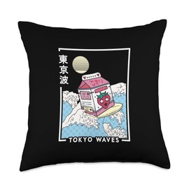 TOKYO WAVES Strawberry Milk Carton Waves Anime Kawaii Aesthetic Throw Pillow, 18x18, Multicolor