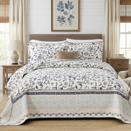 QuiltMuse Oversized King Bedspread 120"x120" - 100% Cotton Lightweight Farmhouse Floral Pattern Cal Quilt with 2 Pillow Shams, Reversible Vintage Bedding Coverlet Set 3 Pieces, Navy/Pink/White