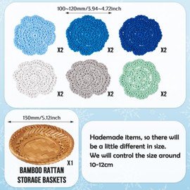 Doilies Crochet Coasters Set of 12 Cotton Lace Round Handmade Vintage Coasters with Bamboo Stroage Basket for Drinks Cups Dresser Runners Placemats Plant Mats for Autumn Wedding Tea Party (Blue)