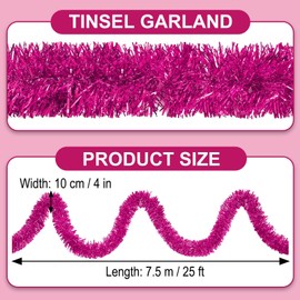 25 Feet Fuchsia Christmas Tinsel Garland, Metallic Foil Twist Garland Wall Hanging Tinsel Banner Backdrop for Parade Floats, Christmas, New Year, Valentine's Day Party Decorations (4in x 25ft)