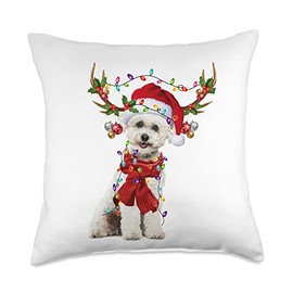Santa Bichon Frise Dog Reindeer Christmas Lights Throw Pillow