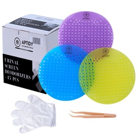 APTIDY | 3D Urinal Screen Deodorizers - Premium 15-Pack with Ocean, Lemon & Lavender Scents, 3D Double-Sided Anti-Splash, Long-Lasting 30 Days/5000 Flushes - Gloves & Clip Included (M, SET 1)