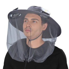 HIKERBRO Wide Brim Sun Hat with Fan, Solar Powered Fan Hat with Mosquito Head Net, Men & Women Cooling Hat for Outdoor, Fishing, Beach, Bucket Hat Built in 2 Solar & USB Charging Fans,Gray