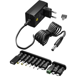 goobay 74436 Universal Power Supply 5 V - 15 V, Max. 36 W/DC Replacement Power Supply for TV, PC, Router, LED Strips, Variable Voltage, USB C, USB A, Micro USB, Includes 11 Adapters, Black