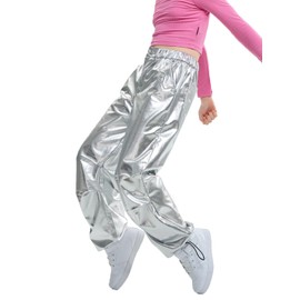 LOLANTA Girls' Metallic Jogger Solid Pants Reflective Pants Girls Modern Dance (Silver, 7)