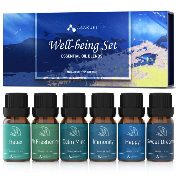 ASAKUKI Essential Oil Blends, Essential Oils for Diffusers for Home, Well-Being Gift Set - Calming, Dreams, Breathe, Relaxing, Mood, Fresh Air Aromatherapy Oils for Humidifiers, Massage, 6x10ml