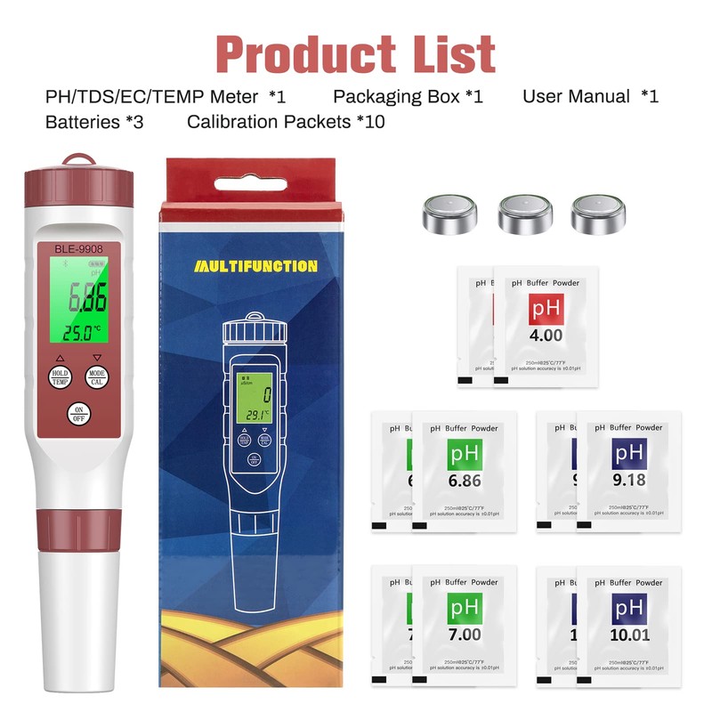 Ehomfy PH Meter Bluetooth 4 in 1 PH Value Meter