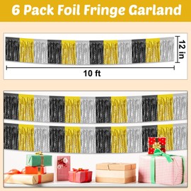 6 Pack 10 Feet Black Gold Silver Wave Foil Fringe Garland Metallic Tinsel Streamers Banner Wall Hanging Curtain Backdrop for Parade Floats, Mother's Day, Easter, Wedding, Birthday Party Decoration