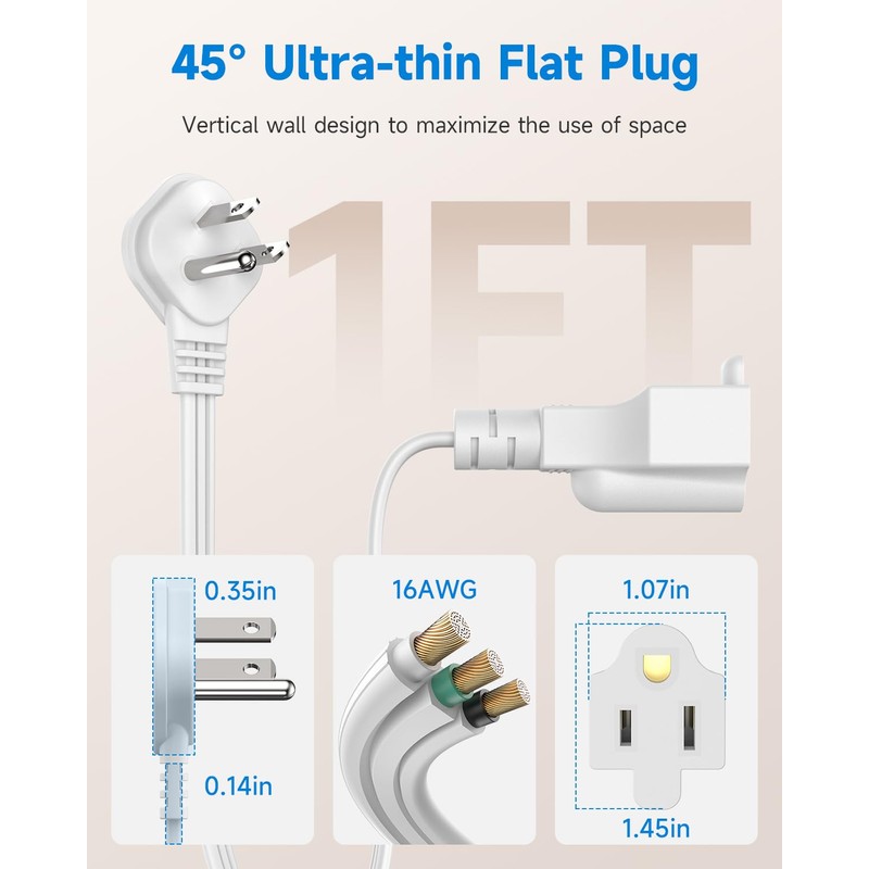 Flat Plug 1Ft Short Extension Cord, White 90-Degree Plug Low